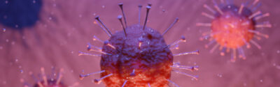 Querbild, mehrere lila Corona-Viren schwimmen im Blut einer Ader, krisen-chancen, robust, immun, robust-immun