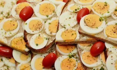 Eiweiss, Eier in Scheiben, Stulle, Brot, aufgeschnitten mit Tomaten in einer Schale, robust, immun, Gesundheit