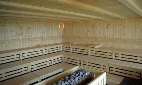 Finnische Sauna, Dampfbad, Innen mit Ofen in der Mitte